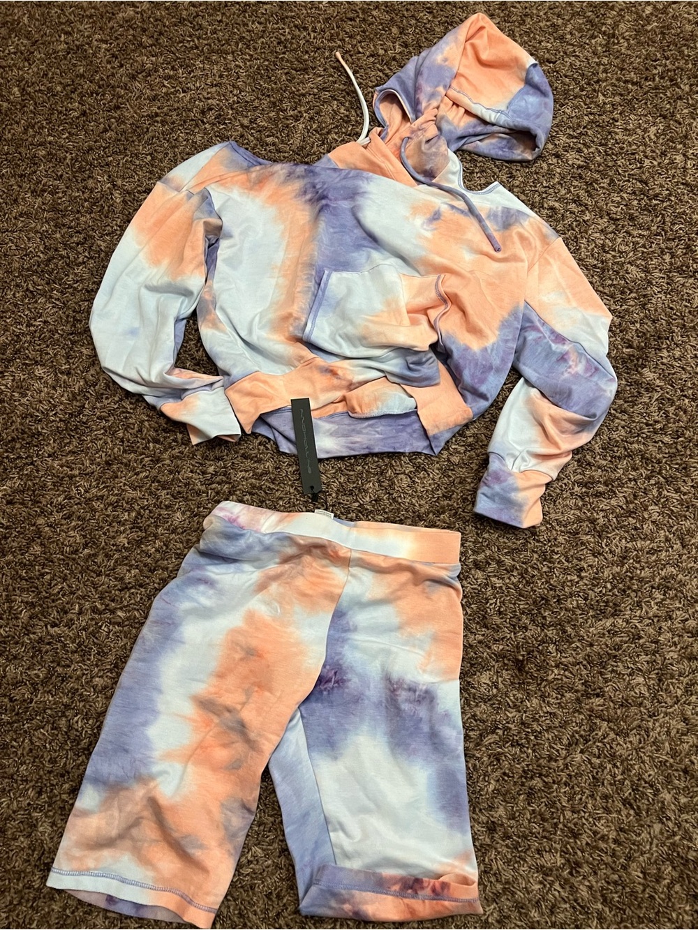 Symphony Peach Lavender White Cropped Hoodie and Bike Shorts Set